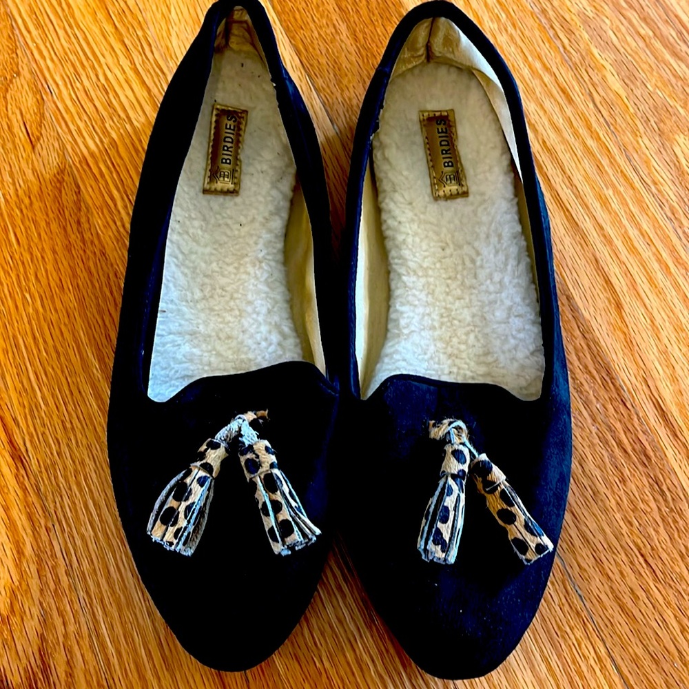 Black Birdies Loafer with Cheetah Tassel Size 7.5